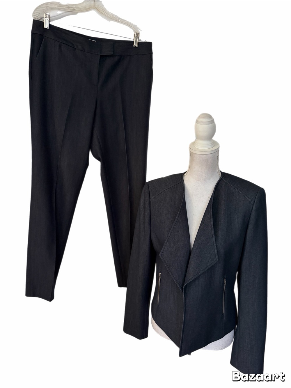 Tahari Women's Navy Blue Tailored Pantsuit with Asymmetrical Jacket - Picture 2 of 9